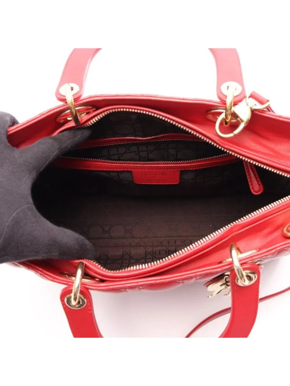 Dior Lady Dior Large 2-Way Red Leather Lady Dior Cannage Tote Bag
